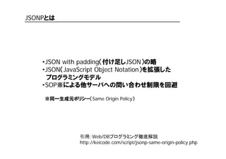 Ajaxの制約
クロスドメイン通信を行うことができない
www.foo1.com www.bar1.com
①アクセス
$.ajax({
url: 'http://www.bar1.com/‘
});
②ページ表示
③Ajax実行②の内容
 