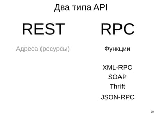 20
REST RPC
Два типа API
Адреса (ресурсы) Функции
XML-RPC
SOAP
Thrift
JSON-RPC
 