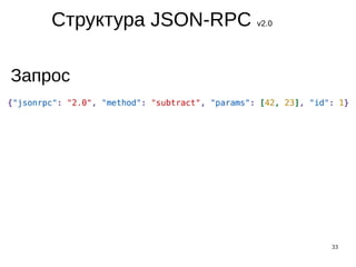 33
Структура JSON-RPC v2.0
Запрос
 