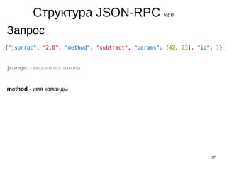 37
Структура JSON-RPC v2.0
Запрос
jsonrpc - версия протокола
method - имя команды
 