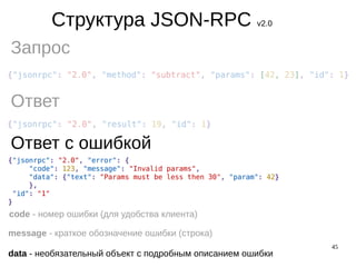 45
Структура JSON-RPC v2.0
Запрос
Ответ
Ответ с ошибкой
code - номер ошибки (для удобства клиента)
message - краткое обозначение ошибки (строка)
data - необязательный объект с подробным описанием ошибки
 