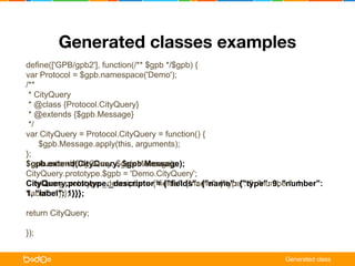 Generated classes examples 
define(['GPB/gpb2'], function(/** $gpb */$gpb) { 
var Protocol = $gpb.namespace('Demo'); 
/** 
* CityQuery 
* @class {Protocol.CityQuery} 
* @extends {$gpb.Message} 
*/ 
var CityQuery = Protocol.CityQuery = function() { 
$gpb.Message.apply(this, arguments); 
}; 
$gpb.extend(CityQuery, CityQuery, $gpb.$gpb.Message); 
Message); 
CityQuery.prototype.$gpb = 'Demo.CityQuery'; 
CityQuery.prototype._prototype._descriptor descriptor = {"= fields": {"fields": {"name": {"name": {"type": {"type": 9, "number": 9, "number": 
1, 
1, "label": 1}}}; 
"label": 1}}}; 
return CityQuery; 
}); 
Generated class 
 