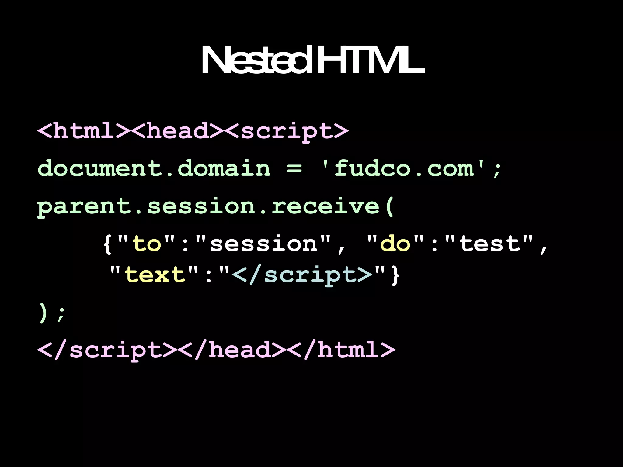 Nested HTML <html><head><script> document.domain = 'fudco.com'; parent.session.receive( {" to ":"session", " do ":"test",    " text ":" </script> "} ); </script></head></html> 