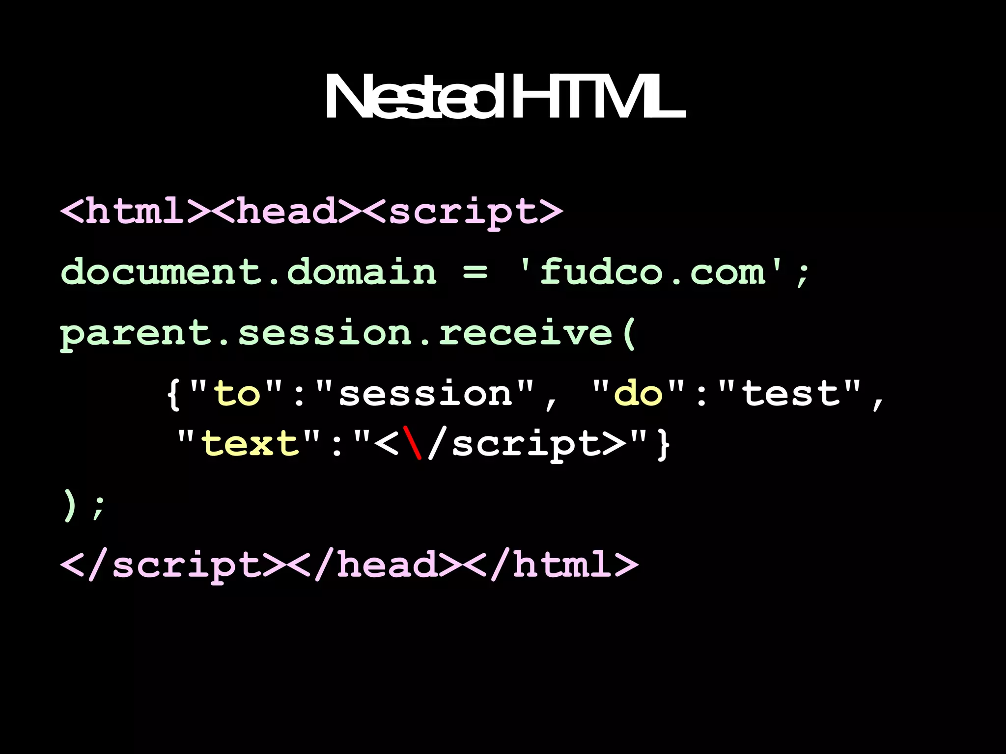 Nested HTML <html><head><script> document.domain = 'fudco.com'; parent.session.receive( {" to ":"session", " do ":"test",    " text ":"< \ /script>"} ); </script></head></html> 