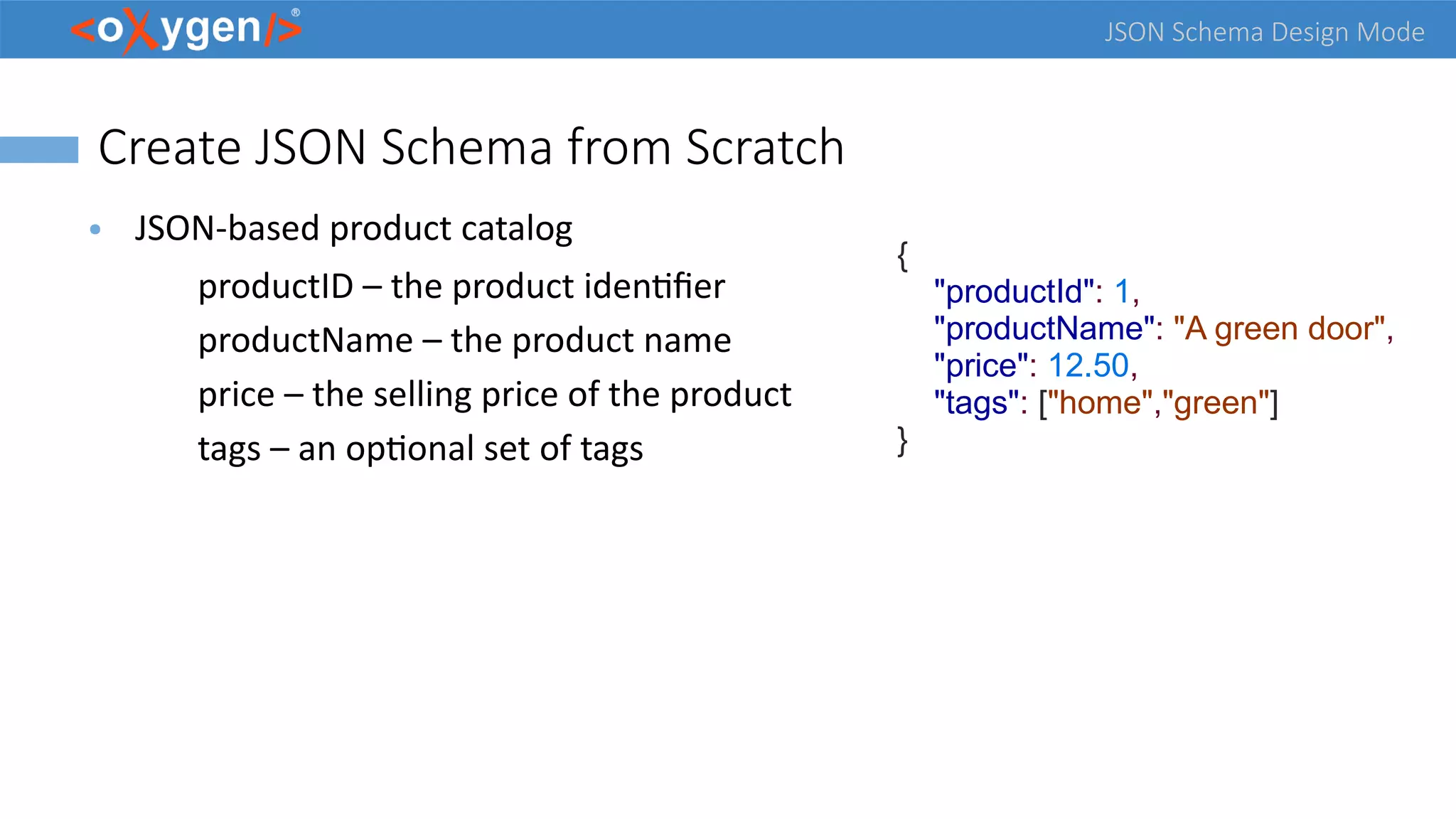 JSON Schema Design Mode
Create JSON Schema from Scratch
● JSON-based product catalog
productID – the product identifier
productName – the product name
price – the selling price of the product
tags – an optional set of tags
{
"productId": 1,
"productName": "A green door",
"price": 12.50,
"tags": ["home","green"]
}
 