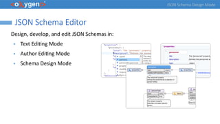 JSON Schema Design Mode
JSON Schema Editor
Design, develop, and edit JSON Schemas in:
● Text Editing Mode
● Author Editing Mode
● Schema Design Mode
 