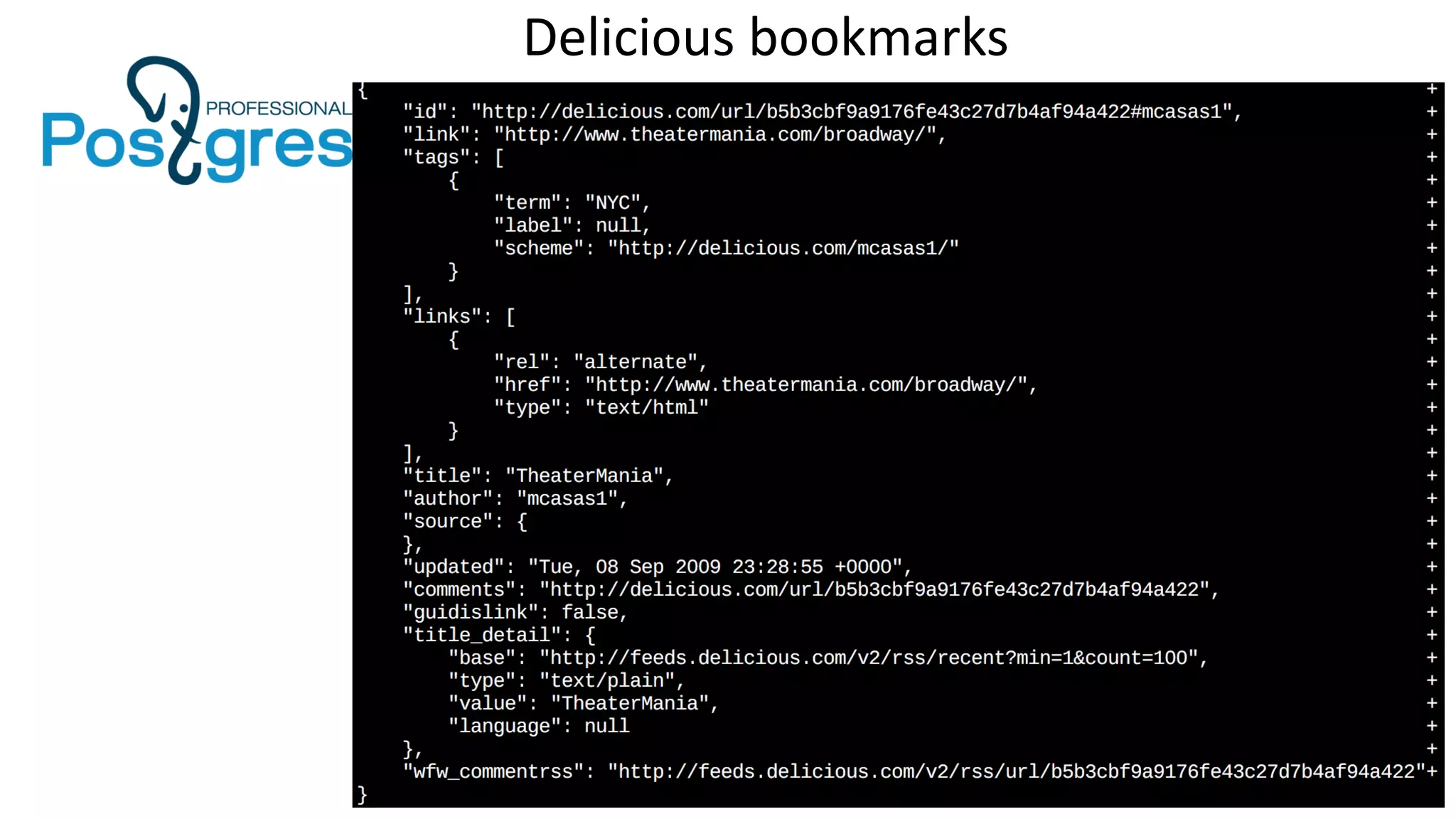 SQL/JSON examples: JSON_TABLE
Delicious bookmarks
 
