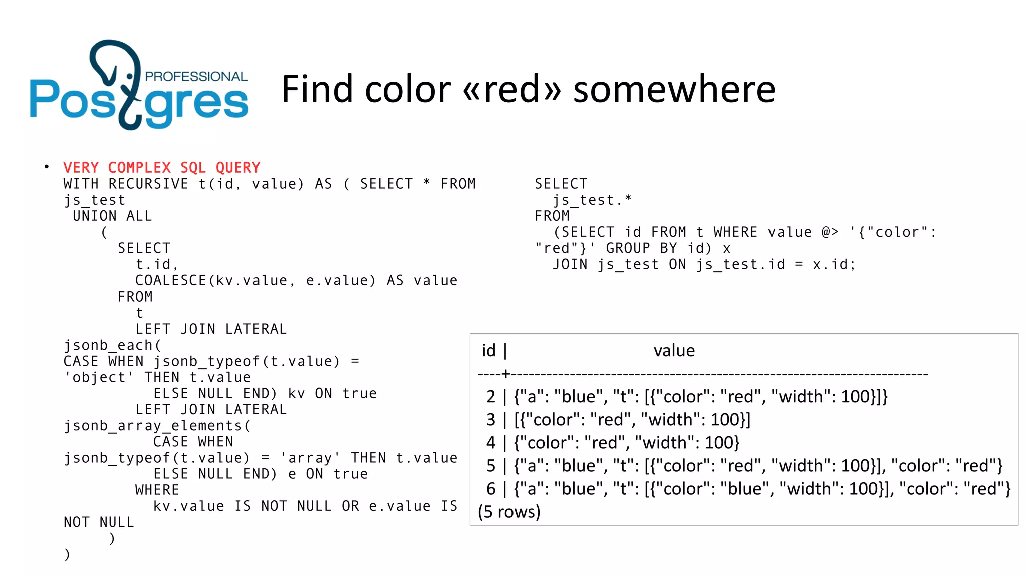 Find color «red» somewhere
• VERY COMPLEX SQL QUERY
WITH RECURSIVE t(id, value) AS ( SELECT * FROM
js_test
UNION ALL
(
SELECT
t.id,
COALESCE(kv.value, e.value) AS value
FROM
t
LEFT JOIN LATERAL
jsonb_each(
CASE WHEN jsonb_typeof(t.value) =
'object' THEN t.value
ELSE NULL END) kv ON true
LEFT JOIN LATERAL
jsonb_array_elements(
CASE WHEN
jsonb_typeof(t.value) = 'array' THEN t.value
ELSE NULL END) e ON true
WHERE
kv.value IS NOT NULL OR e.value IS
NOT NULL
)
)
SELECT
js_test.*
FROM
(SELECT id FROM t WHERE value @> '{"color":
"red"}' GROUP BY id) x
JOIN js_test ON js_test.id = x.id;
id | value
----+-----------------------------------------------------------------------
2 | {"a": "blue", "t": [{"color": "red", "width": 100}]}
3 | [{"color": "red", "width": 100}]
4 | {"color": "red", "width": 100}
5 | {"a": "blue", "t": [{"color": "red", "width": 100}], "color": "red"}
6 | {"a": "blue", "t": [{"color": "blue", "width": 100}], "color": "red"}
(5 rows)
 
