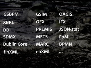 SDMX
DDI JSON-stat
XBRL
GSBPM GSIM
Dublin Core MARC
PREMIS
METS
OFX IFX
FpML
OAGIS
BPMN
finXML ebXML ...
 