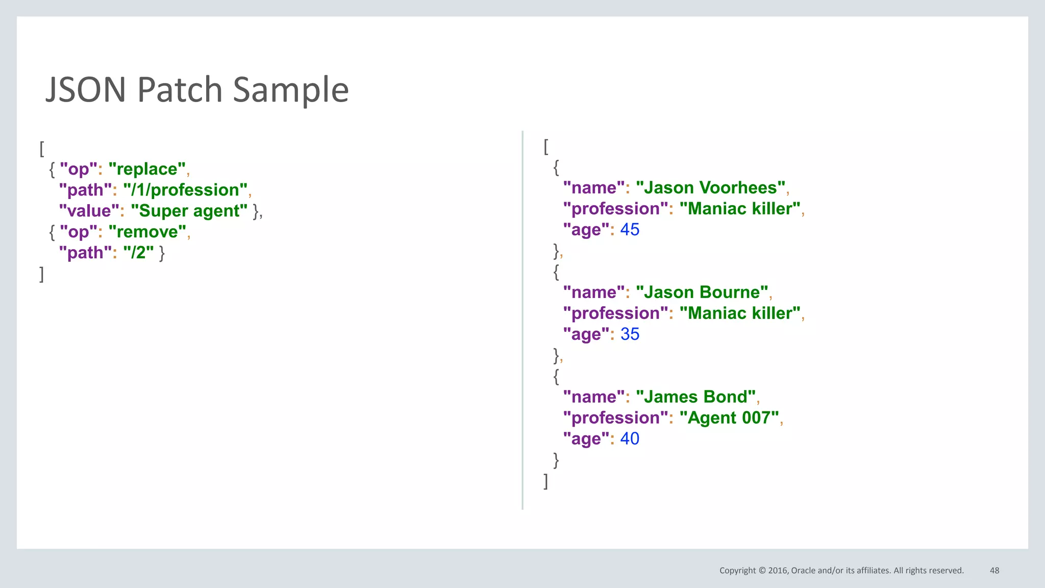 Copyright © 2016, Oracle and/or its affiliates. All rights reserved. 48
JSON Patch Sample
[
{ "op": "replace",
"path": "/1/profession",
"value": "Super agent" },
{ "op": "remove",
"path": "/2" }
]
[
{
"name": "Jason Voorhees",
"profession": "Maniac killer",
"age": 45
},
{
"name": "Jason Bourne",
"profession": "Maniac killer",
"age": 35
},
{
"name": "James Bond",
"profession": "Agent 007",
"age": 40
}
]
 