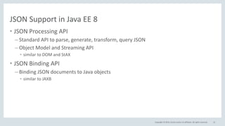 Copyright © 2016, Oracle and/or its affiliates. All rights reserved.
JSON Support in Java EE 8
• JSON Processing API
– Standard API to parse, generate, transform, query JSON
– Object Model and Streaming API
• similar to DOM and StAX
• JSON Binding API
– Binding JSON documents to Java objects
• similar to JAXB
12
 