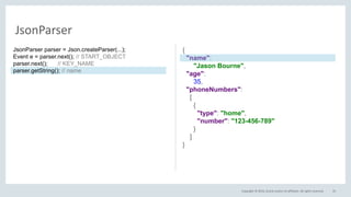 Copyright © 2016, Oracle and/or its affiliates. All rights reserved. 33
JsonParser
{
"name":
"Jason Bourne",
"age":
35,
"phoneNumbers":
[
{
"type": "home",
"number": "123-456-789"
}
]
}
JsonParser parser = Json.createParser(...);
Event e = parser.next(); // START_OBJECT
parser.next(); // KEY_NAME
parser.getString(); // name
 