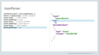 Copyright © 2016, Oracle and/or its affiliates. All rights reserved. 37
JsonParser
{
"name":
"Jason Bourne",
"age":
35,
"phoneNumbers":
[
{
"type": "home",
"number": "123-456-789"
}
]
}
JsonParser parser = Json.createParser(...);
Event e = parser.next(); // START_OBJECT
parser.next(); // KEY_NAME
parser.getString(); // name
parser.next(); // VALUE_STRING
parser.getString(); // Jason Bourne
parser.next(); // KEY_NAME
parser.getString(); // age
 