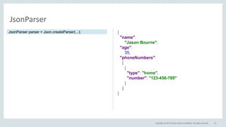 Copyright © 2017, Oracle and/or its affiliates. All rights reserved. 31
JsonParser
{
"name":
"Jason Bourne",
"age":
35,
"phoneNumbers":
[
{
"type": "home",
"number": "123-456-789"
}
]
}
JsonParser parser = Json.createParser(...);
 