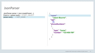 Copyright © 2017, Oracle and/or its affiliates. All rights reserved. 33
JsonParser
{
"name":
"Jason Bourne",
"age":
35,
"phoneNumbers":
[
{
"type": "home",
"number": "123-456-789"
}
]
}
JsonParser parser = Json.createParser(...);
Event e = parser.next(); // START_OBJECT
parser.next(); // KEY_NAME
 