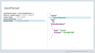 Copyright © 2017, Oracle and/or its affiliates. All rights reserved. 35
JsonParser
{
"name":
"Jason Bourne",
"age":
35,
"phoneNumbers":
[
{
"type": "home",
"number": "123-456-789"
}
]
}
JsonParser parser = Json.createParser(...);
Event e = parser.next(); // START_OBJECT
parser.next(); // KEY_NAME
parser.getString(); // name
parser.next(); // VALUE_STRING
 
