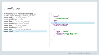 Copyright © 2017, Oracle and/or its affiliates. All rights reserved. 40
JsonParser
{
"name":
"Jason Bourne",
"age":
35,
"phoneNumbers":
[
{
"type": "home",
"number": "123-456-789"
}
]
}
JsonParser parser = Json.createParser(...);
Event e = parser.next(); // START_OBJECT
parser.next(); // KEY_NAME
parser.getString(); // name
parser.next(); // VALUE_STRING
parser.getString(); // Jason Bourne
parser.next(); // KEY_NAME
parser.getString(); // age
parser.next(); // VALUE_NUMBER
parser.getInt(); // 35
 