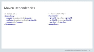 Copyright © 2017, Oracle and/or its affiliates. All rights reserved.
Maven Dependencies
55
<!-- JSON-B API -->
<dependency>
<groupId>javax.json.bind</groupId>
<artifactId>javax.json.bind-api</artifactId>
<version>1.0</version>
</dependency>
<!-- Yasson (JSON-B RI) -->
<dependency>
<groupId>org.eclipse</groupId>
<artifactId>yasson</artifactId>
<version>1.0</version>
</dependency>
<repositories>
<repository>
<id>Yasson Snapshots</id>
<url>https://repo.eclipse.org/content/repositories/
yasson-snapshots/</url>
</repository>
</repositories>
 