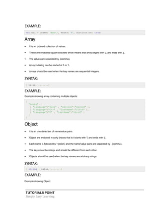 TUTORIALS POINT
Simply Easy Learning
EXAMPLE:
var obj = {name: 'Amit', marks: 97, distinction: true}
Array
 It is an ordered collection of values.
 These are enclosed square brackets which means that array begins with .[. and ends with .]..
 The values are separated by ,(comma).
 Array indexing can be started at 0 or 1.
 Arrays should be used when the key names are sequential integers.
SYNTAX:
[ value, .......]
EXAMPLE:
Example showing array containing multiple objects:
{
"books": [
{ "language":"Java" , "edition":"second" },
{ "language":"C++" , "lastName":"fifth" },
{ "language":"C" , "lastName":"third" }
]
}
Object
 It is an unordered set of name/value pairs.
 Object are enclosed in curly braces that is it starts with '{' and ends with '}'.
 Each name is followed by ':'(colon) and the name/value pairs are separated by , (comma).
 The keys must be strings and should be different from each other.
 Objects should be used when the key names are arbitrary strings
SYNTAX:
{ string : value, .......}
EXAMPLE:
Example showing Object:
 