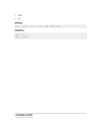 TUTORIALS POINT
Simply Easy Learning
 object
 null
SYNTAX:
String | Number | Object | Array | TRUE | FALSE | NULL
EXAMPLE:
var i =1;
var j = "sachin";
var k = null;
 