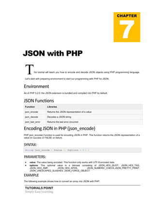 TUTORIALS POINT
Simply Easy Learning
JSON with PHP
This tutorial will teach you how to encode and decode JSON objects using PHP programming language.
Let's start with preparing environment to start our programming with PHP for JSON.
Environment
As of PHP 5.2.0, the JSON extension is bundled and compiled into PHP by default.
JSON Functions
Function Libraries
json_encode Returns the JSON representation of a value
json_decode Decodes a JSON string
json_last_error Returns the last error occurred
Encoding JSON in PHP (json_encode)
PHP json_encode() function is used for encoding JSON in PHP. This function returns the JSON representation of a
value on success or FALSE on failure.
SYNTAX:
string json_encode ( $value [, $options = 0 ] )
PARAMETERS:
 value: The value being encoded. This function only works with UTF-8 encoded data.
 options: This optional value is a bitmask consisting of JSON_HEX_QUOT, JSON_HEX_TAG,
JSON_HEX_AMP, JSON_HEX_APOS, JSON_NUMERIC_CHECK,JSON_PRETTY_PRINT,
JSON_UNESCAPED_SLASHES, JSON_FORCE_OBJECT
EXAMPLE
The following example shows how to convert an array into JSON with PHP:
CHAPTER
7
 