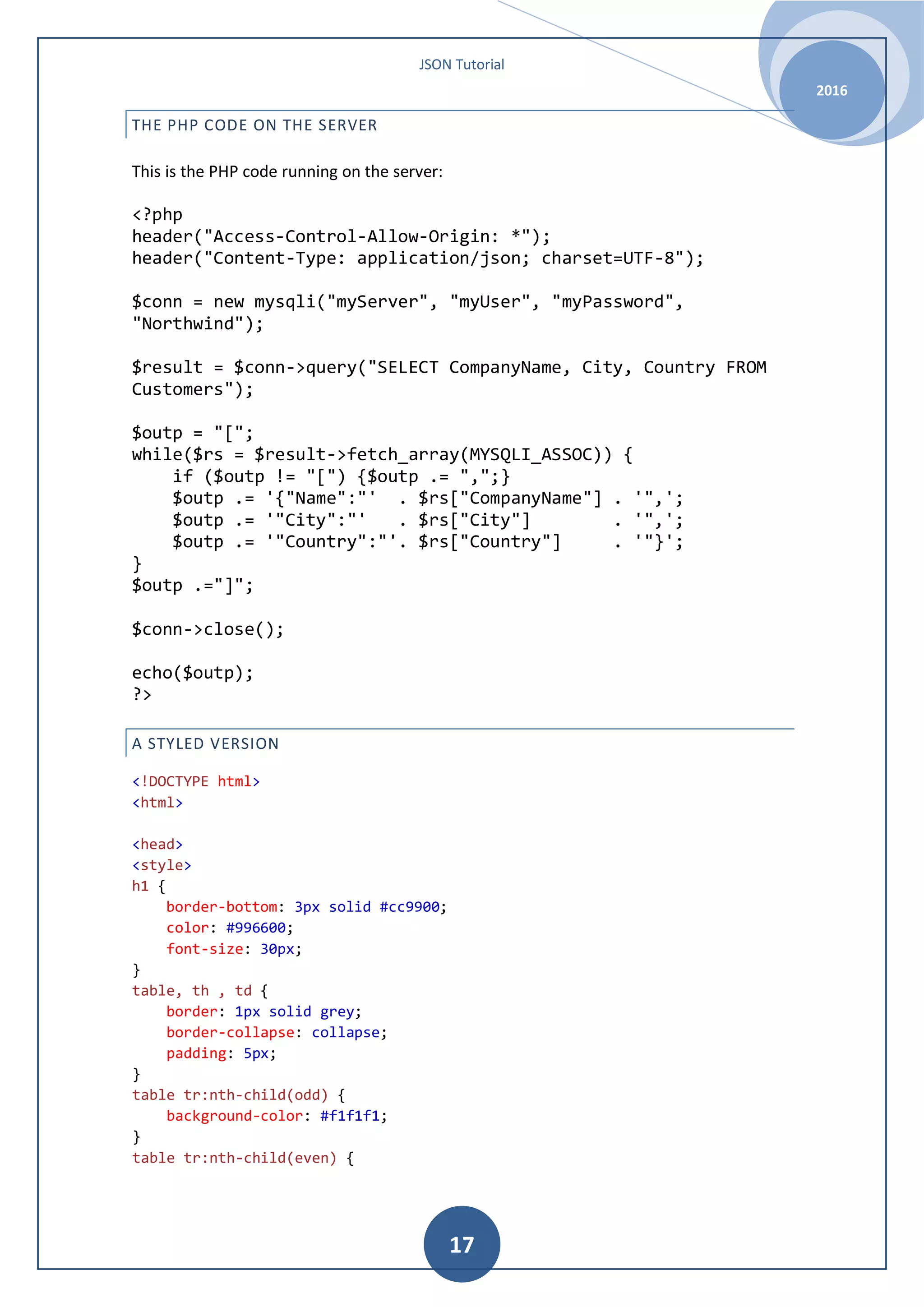 JSON Tutorial 2016 17 THE PHP CODE ON THE SERVER This is the PHP code running on the server: <?php header("Access-Control-Allow-Origin: *"); header("Content-Type: application/json; charset=UTF-8"); $conn = new mysqli("myServer", "myUser", "myPassword", "Northwind"); $result = $conn->query("SELECT CompanyName, City, Country FROM Customers"); $outp = "["; while($rs = $result->fetch_array(MYSQLI_ASSOC)) { if ($outp != "[") {$outp .= ",";} $outp .= '{"Name":"' . $rs["CompanyName"] . '",'; $outp .= '"City":"' . $rs["City"] . '",'; $outp .= '"Country":"'. $rs["Country"] . '"}'; } $outp .="]"; $conn->close(); echo($outp); ?> A STYLED VERSION <!DOCTYPE html> <html> <head> <style> h1 { border-bottom: 3px solid #cc9900; color: #996600; font-size: 30px; } table, th , td { border: 1px solid grey; border-collapse: collapse; padding: 5px; } table tr:nth-child(odd) { background-color: #f1f1f1; } table tr:nth-child(even) { 
