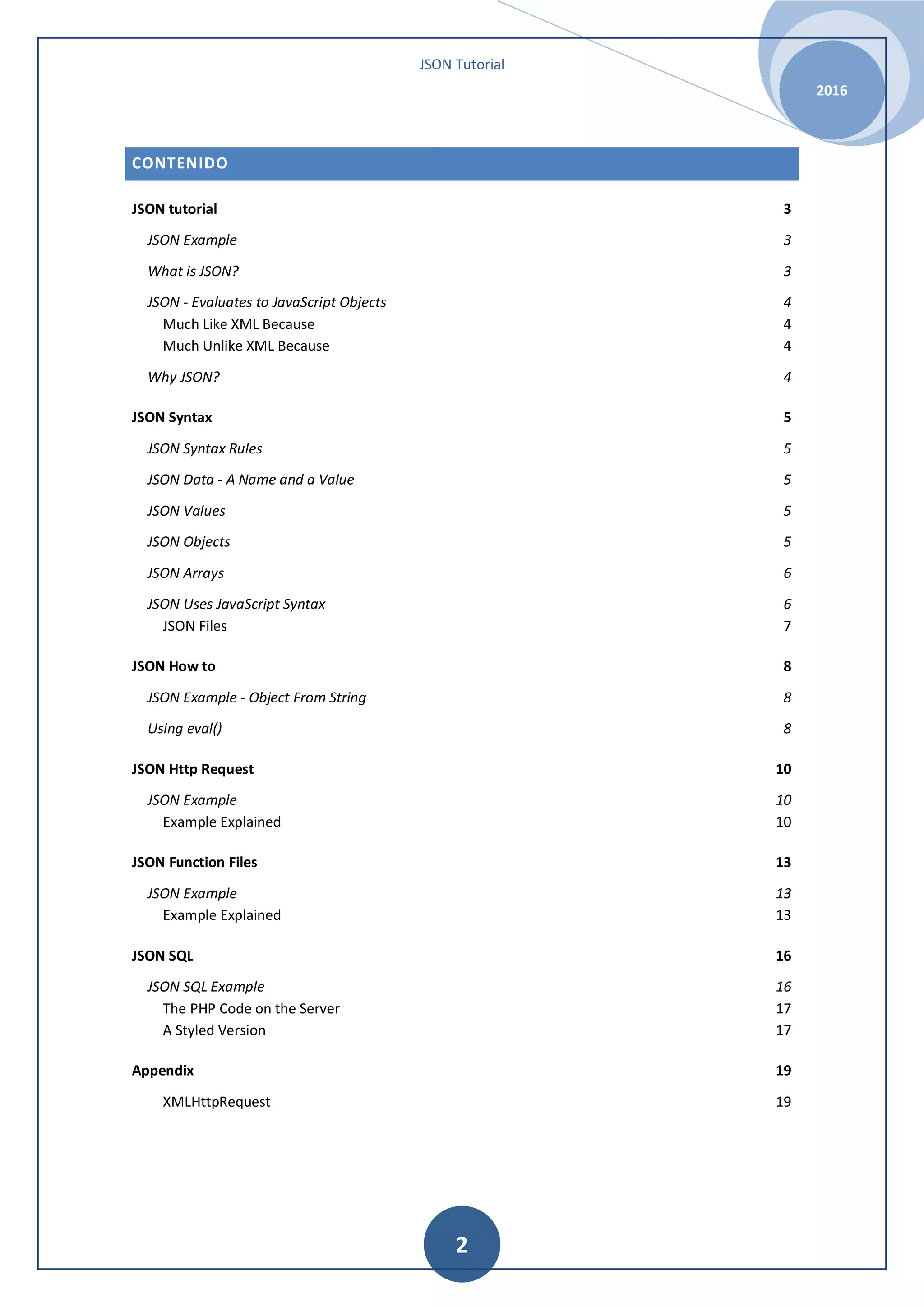 JSON Tutorial 2016 2 CONTENIDO JSON tutorial 3 JSON Example 3 What is JSON? 3 JSON - Evaluates to JavaScript Objects 4 Much Like XML Because 4 Much Unlike XML Because 4 Why JSON? 4 JSON Syntax 5 JSON Syntax Rules 5 JSON Data - A Name and a Value 5 JSON Values 5 JSON Objects 5 JSON Arrays 6 JSON Uses JavaScript Syntax 6 JSON Files 7 JSON How to 8 JSON Example - Object From String 8 Using eval() 8 JSON Http Request 10 JSON Example 10 Example Explained 10 JSON Function Files 13 JSON Example 13 Example Explained 13 JSON SQL 16 JSON SQL Example 16 The PHP Code on the Server 17 A Styled Version 17 Appendix 19 XMLHttpRequest 19 