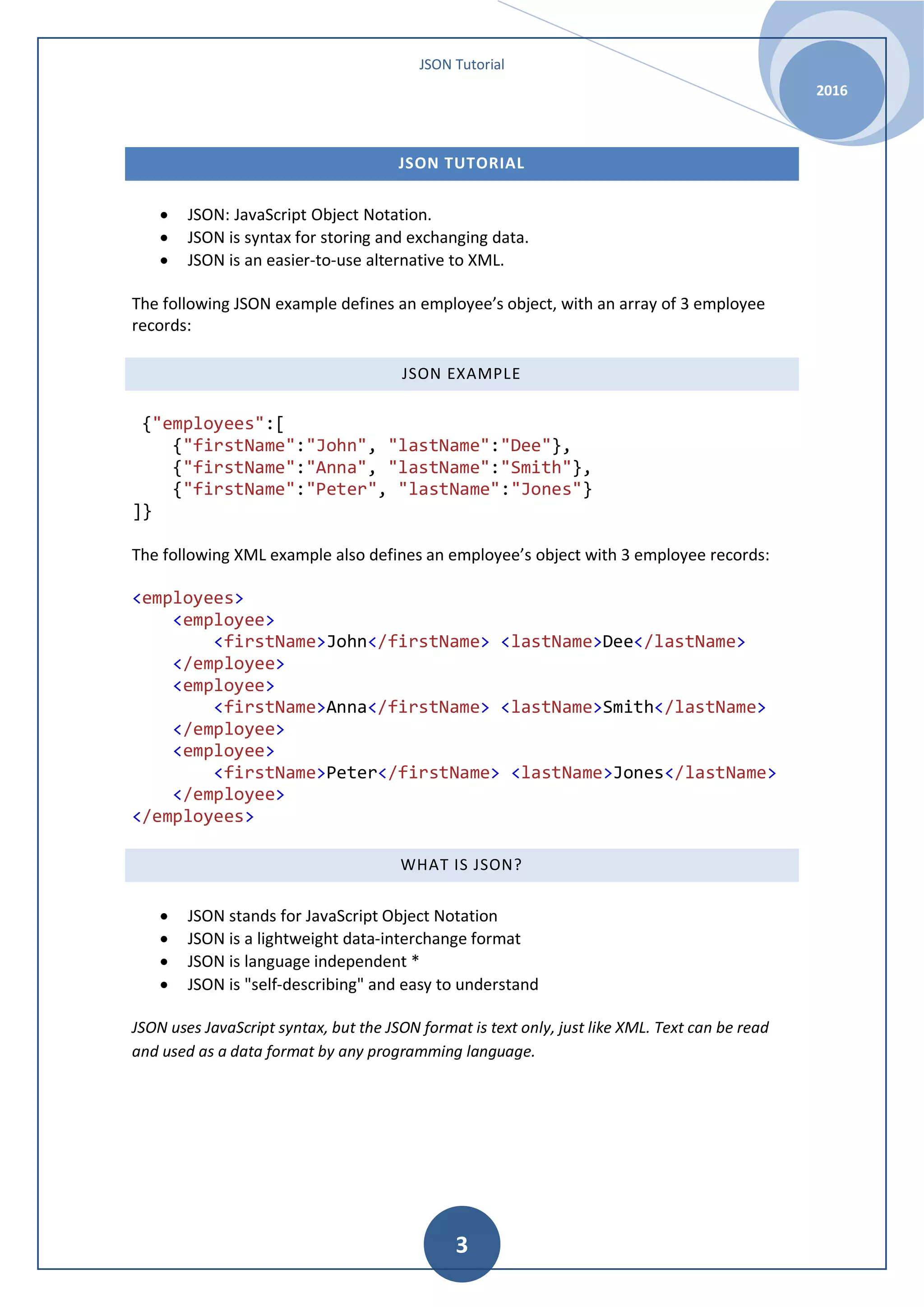 JSON Tutorial 2016 3 JSON TUTORIAL • JSON: JavaScript Object Notation. • JSON is syntax for storing and exchanging data. • JSON is an easier-to-use alternative to XML. The following JSON example defines an employee’s object, with an array of 3 employee records: JSON EXAMPLE {"employees":[ {"firstName":"John", "lastName":"Dee"}, {"firstName":"Anna", "lastName":"Smith"}, {"firstName":"Peter", "lastName":"Jones"} ]} The following XML example also defines an employee’s object with 3 employee records: <employees> <employee> <firstName>John</firstName> <lastName>Dee</lastName> </employee> <employee> <firstName>Anna</firstName> <lastName>Smith</lastName> </employee> <employee> <firstName>Peter</firstName> <lastName>Jones</lastName> </employee> </employees> WHAT IS JSON? • JSON stands for JavaScript Object Notation • JSON is a lightweight data-interchange format • JSON is language independent * • JSON is "self-describing" and easy to understand JSON uses JavaScript syntax, but the JSON format is text only, just like XML. Text can be read and used as a data format by any programming language. 
