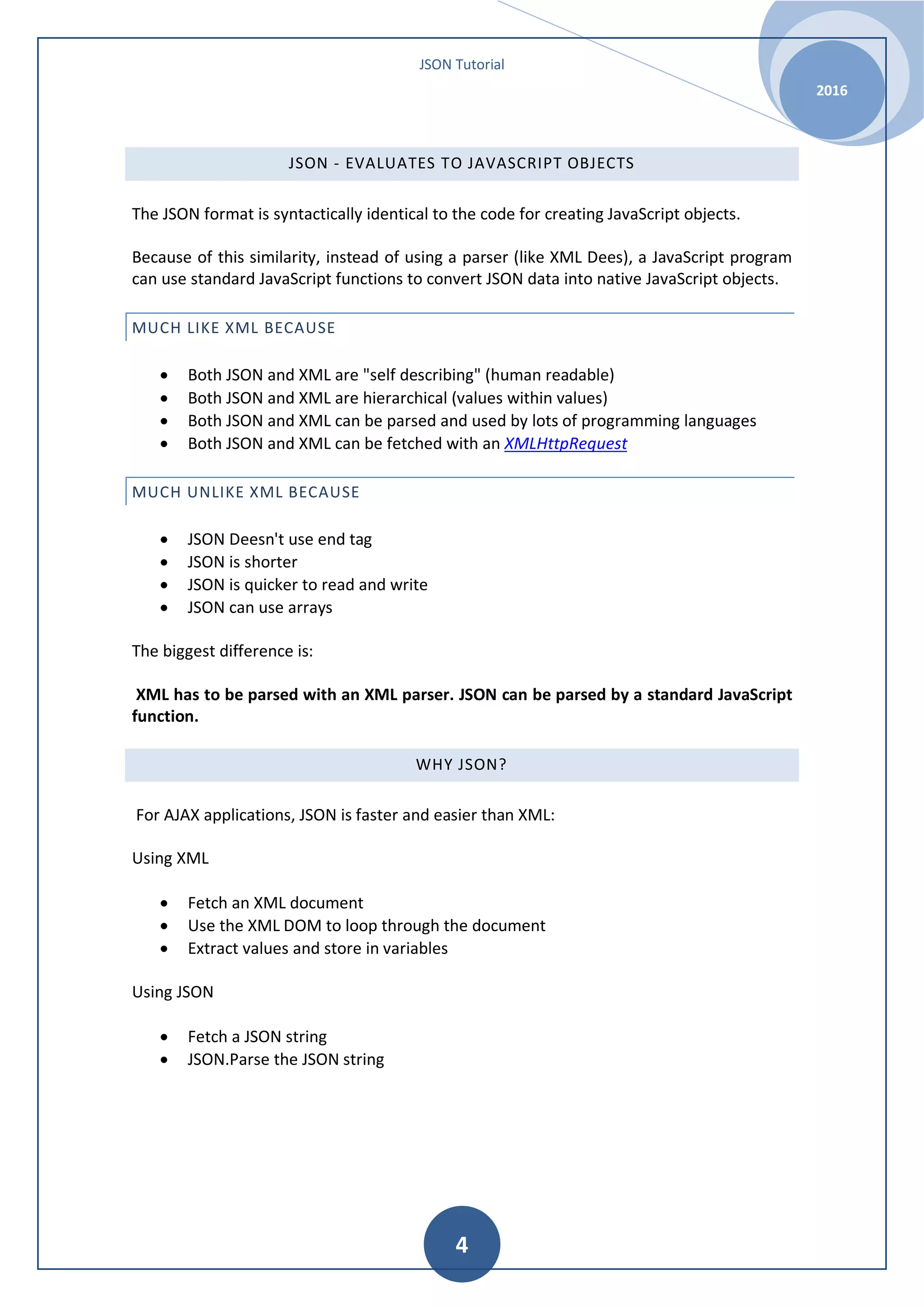 JSON Tutorial 2016 4 JSON - EVALUATES TO JAVASCRIPT OBJECTS The JSON format is syntactically identical to the code for creating JavaScript objects. Because of this similarity, instead of using a parser (like XML Dees), a JavaScript program can use standard JavaScript functions to convert JSON data into native JavaScript objects. MUCH LIKE XML BECAUSE • Both JSON and XML are "self describing" (human readable) • Both JSON and XML are hierarchical (values within values) • Both JSON and XML can be parsed and used by lots of programming languages • Both JSON and XML can be fetched with an XMLHttpRequest MUCH UNLIKE XML BECAUSE • JSON Deesn't use end tag • JSON is shorter • JSON is quicker to read and write • JSON can use arrays The biggest difference is: XML has to be parsed with an XML parser. JSON can be parsed by a standard JavaScript function. WHY JSON? For AJAX applications, JSON is faster and easier than XML: Using XML • Fetch an XML document • Use the XML DOM to loop through the document • Extract values and store in variables Using JSON • Fetch a JSON string • JSON.Parse the JSON string 