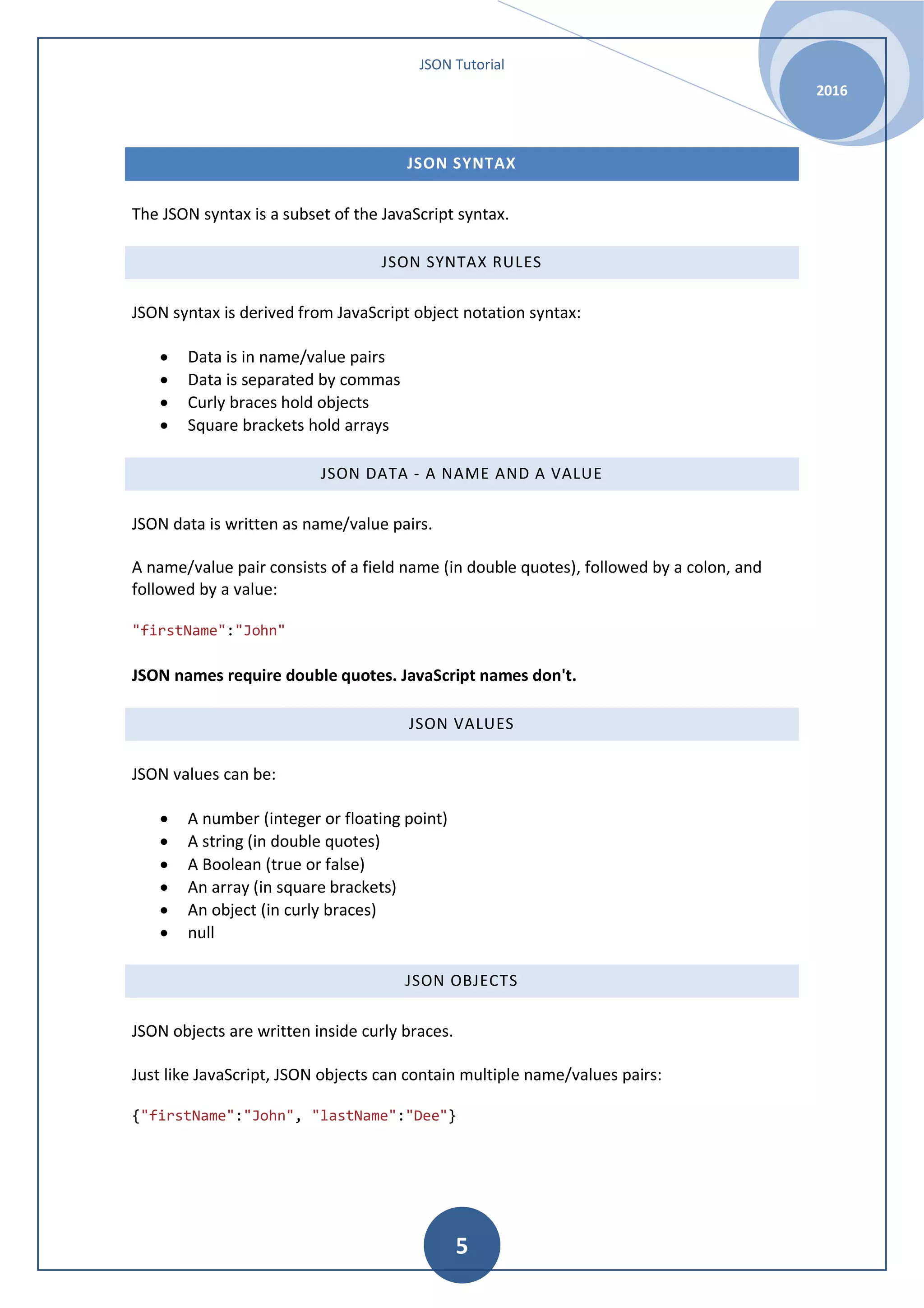 JSON Tutorial 2016 5 JSON SYNTAX The JSON syntax is a subset of the JavaScript syntax. JSON SYNTAX RULES JSON syntax is derived from JavaScript object notation syntax: • Data is in name/value pairs • Data is separated by commas • Curly braces hold objects • Square brackets hold arrays JSON DATA - A NAME AND A VALUE JSON data is written as name/value pairs. A name/value pair consists of a field name (in double quotes), followed by a colon, and followed by a value: "firstName":"John" JSON names require double quotes. JavaScript names don't. JSON VALUES JSON values can be: • A number (integer or floating point) • A string (in double quotes) • A Boolean (true or false) • An array (in square brackets) • An object (in curly braces) • null JSON OBJECTS JSON objects are written inside curly braces. Just like JavaScript, JSON objects can contain multiple name/values pairs: {"firstName":"John", "lastName":"Dee"} 