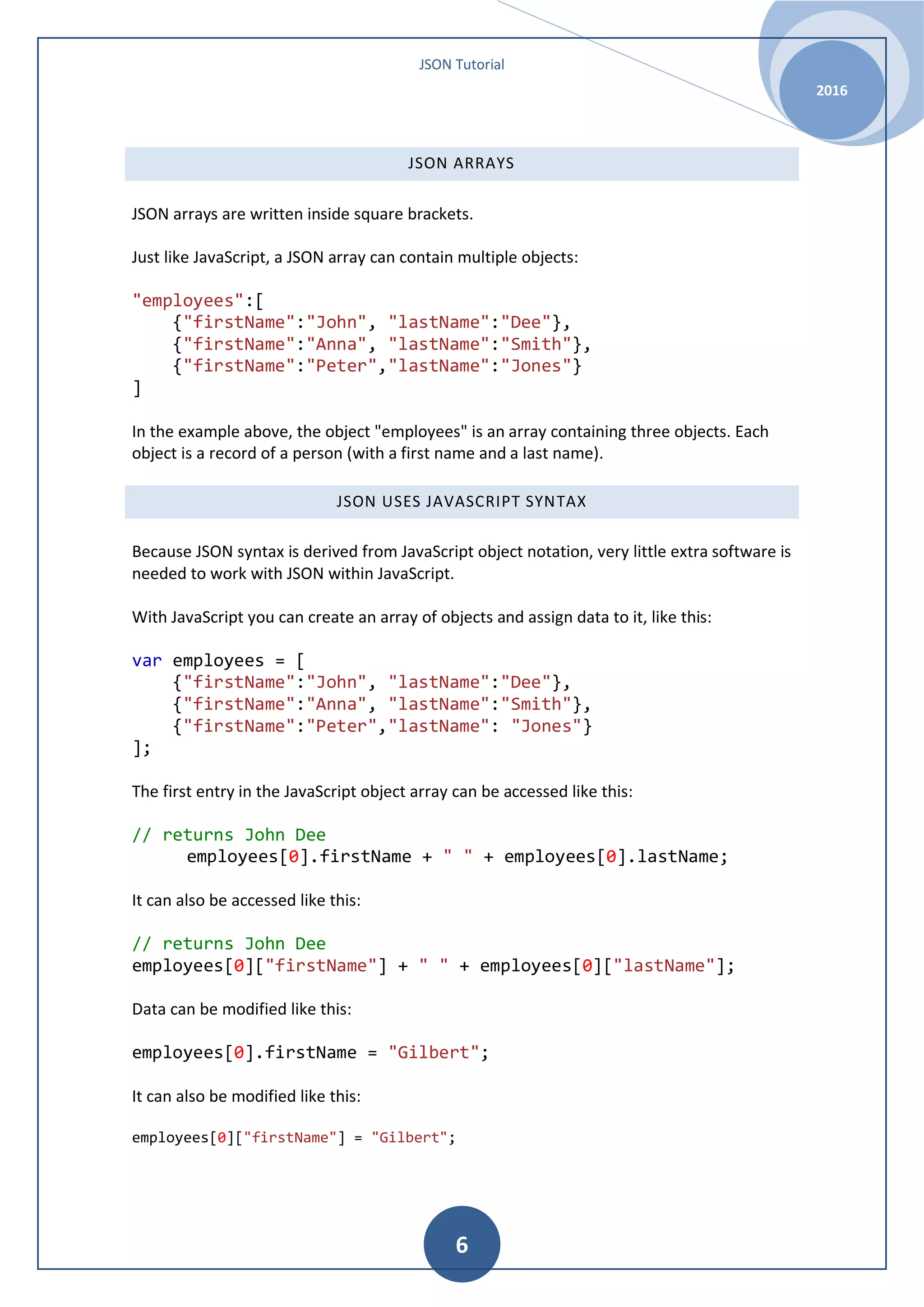 JSON Tutorial 2016 6 JSON ARRAYS JSON arrays are written inside square brackets. Just like JavaScript, a JSON array can contain multiple objects: "employees":[ {"firstName":"John", "lastName":"Dee"}, {"firstName":"Anna", "lastName":"Smith"}, {"firstName":"Peter","lastName":"Jones"} ] In the example above, the object "employees" is an array containing three objects. Each object is a record of a person (with a first name and a last name). JSON USES JAVASCRIPT SYNTAX Because JSON syntax is derived from JavaScript object notation, very little extra software is needed to work with JSON within JavaScript. With JavaScript you can create an array of objects and assign data to it, like this: var employees = [ {"firstName":"John", "lastName":"Dee"}, {"firstName":"Anna", "lastName":"Smith"}, {"firstName":"Peter","lastName": "Jones"} ]; The first entry in the JavaScript object array can be accessed like this: // returns John Dee employees[0].firstName + " " + employees[0].lastName; It can also be accessed like this: // returns John Dee employees[0]["firstName"] + " " + employees[0]["lastName"]; Data can be modified like this: employees[0].firstName = "Gilbert"; It can also be modified like this: employees[0]["firstName"] = "Gilbert"; 