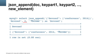 Copyright © 2014, Oracle and/or its affiliates. All rights reserved.21
json_append(doc, keypart1, keypart2, ...,
new_element)
mysql> select json_append('{"Devconf": ["conference", 2014]}', 
'Devconf', 2, '" "') as 'Devconf';Москва
+­­­­­­­­­­­­­­­­­­­­­­­­­­­­­­­­­­­­­­­­­­­­­­­­­­­+
| Devconf                                           |
+­­­­­­­­­­­­­­­­­­­­­­­­­­­­­­­­­­­­­­­­­­­­­­­­­­­+
| {"Devconf": ["conference", 2014, " "]}       |Москва
+­­­­­­­­­­­­­­­­­­­­­­­­­­­­­­­­­­­­­­­­­­­­­­­­­­­+
1 row in set (0.00 sec)
 