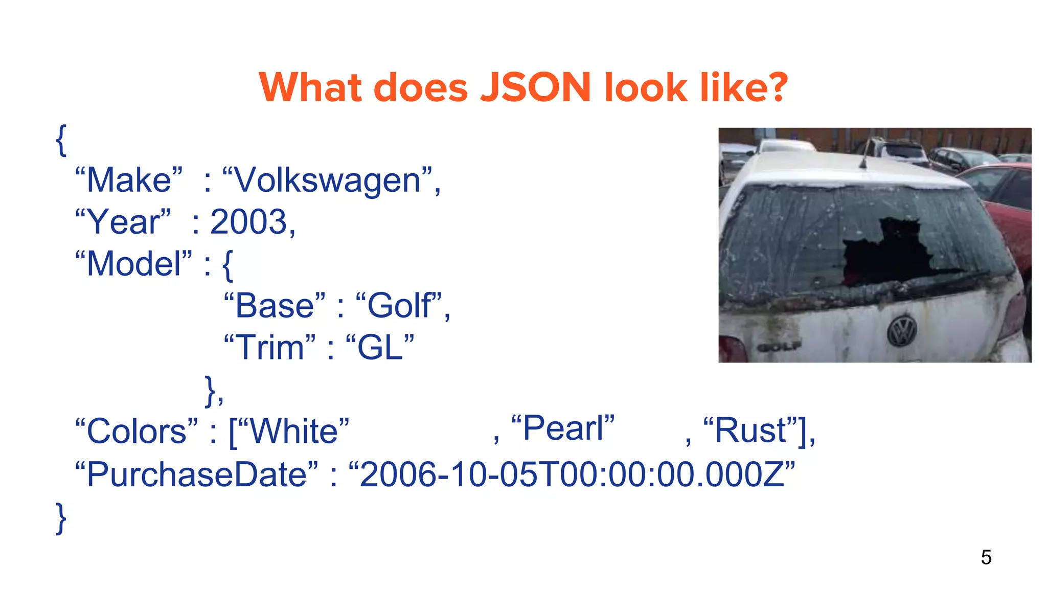5
What does JSON look like?
{
“Make” : “Volkswagen”,
“Year” : 2003,
“Model” : {
“Base” : “Golf”,
“Trim” : “GL”
},
“Colors” : [“White”, “Pearl”, “Rust”],
“PurchaseDate” : “2006-10-05T00:00:00.000Z”
}
 