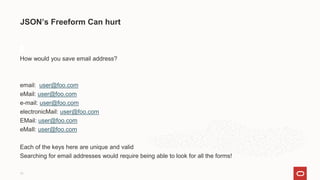 JSON’s Freeform Can hurt
How would you save email address?
email: user@foo.com
eMail: user@foo.com
e-mail: user@foo.com
electronicMail: user@foo.com
EMail: user@foo.com
eMaIl: user@foo.com
Each of the keys here are unique and valid
Searching for email addresses would require being able to look for all the forms!
11
 