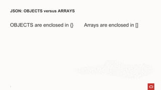 OBJECTS are enclosed in {}
JSON: OBJECTS versus ARRAYS
7
Arrays are enclosed in []
 