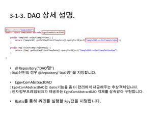 3-1-3. DAO 상세 설명.
• @Repository(“DAO명”)
: DAO선언의 경우 @Repository(“DAO명”)을 지정합니다.
• EgovComAbstractDAO
: EgovComAbstractDAO는 ibatis기능을 좀 더 편리하게 제공해주는 추상객체입니다.
: 전자정부프레임워크가 제공하는 EgovComAbstractDAO 객체를 상속받아 구현합니다.
• Ibatis를 통해 쿼리를 실행할 Key값을 지정합니다.
 