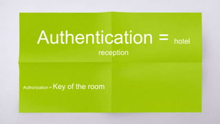 Authentication = hotel reception
Authorization = Key of the room
 