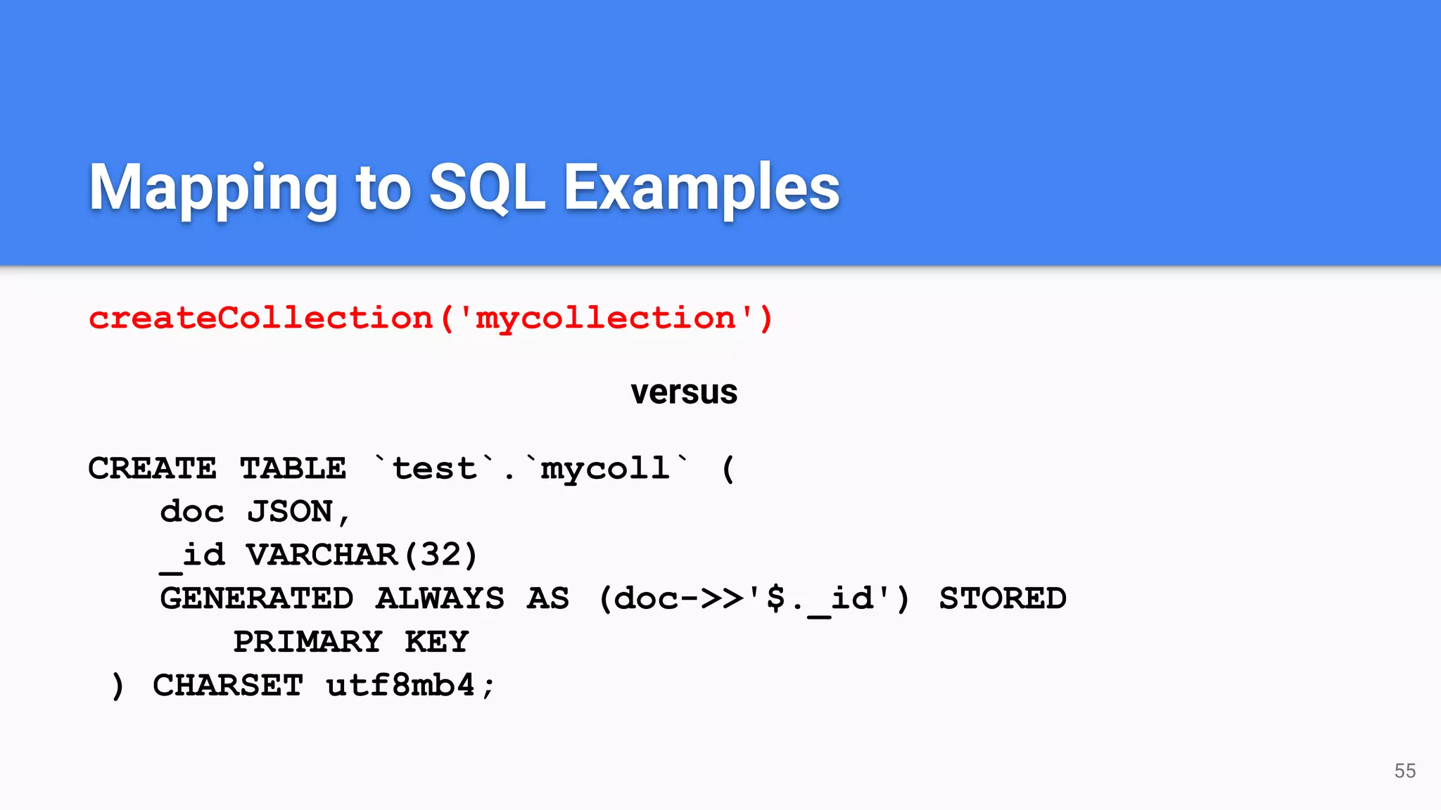 Mapping to SQL Examples createCollection('mycollection') versus CREATE TABLE `test`.`mycoll` ( doc JSON, _id VARCHAR(32) GENERATED ALWAYS AS (doc->>'$._id') STORED PRIMARY KEY ) CHARSET utf8mb4; 55 