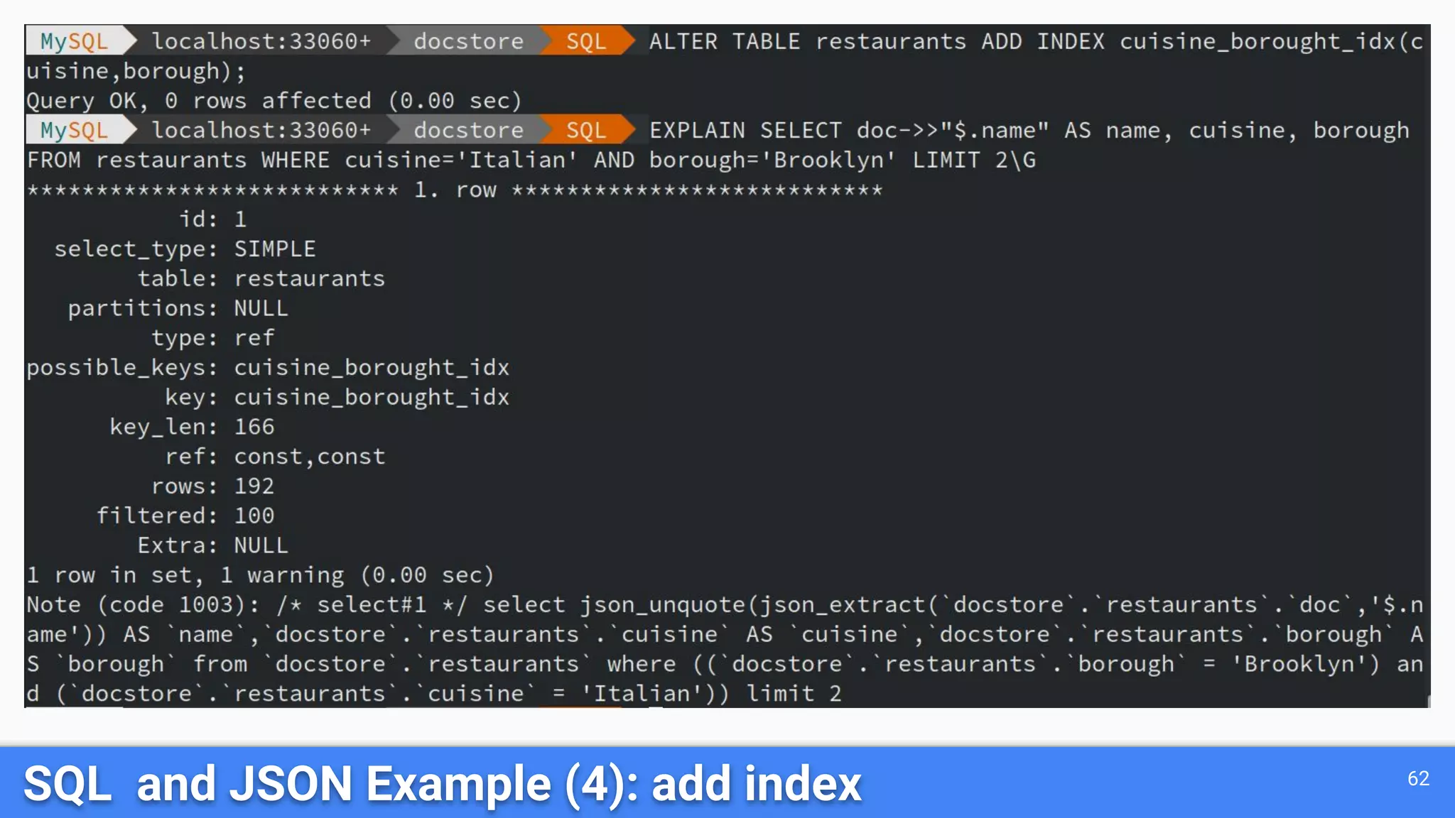 SQL and JSON Example (4): add index 62 