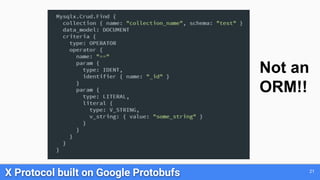 21
X Protocol built on Google Protobufs
Not an
ORM!!
 