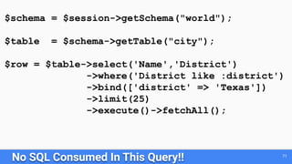 No SQL Consumed In This Query!! 71
$schema = $session->getSchema("world");
$table = $schema->getTable("city");
$row = $table->select('Name','District')
->where('District like :district')
->bind(['district' => 'Texas'])
->limit(25)
->execute()->fetchAll();
 