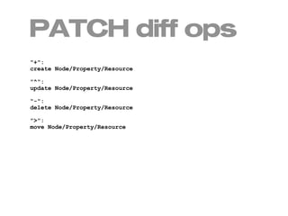 PATCH diff ops
"+":
create Node/Property/Resource

"^":
update Node/Property/Resource

"-":
delete Node/Property/Resource

">":
move Node/Property/Resource
 