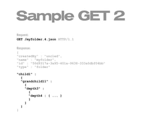 Sample GET 2
Request:
GET /myfolder.4.json HTTP/1.1

Response:
{
"createdBy" : "uncled",
"name" : "myfolder",
"id" : "50d9317a-3a95-401a-9638-333a0dbf04bb"
"type" : "folder"

"child1" :
  {
  "grandchild11" :
    {
    "depth3" :
      {
      "depth4 : { ... }
      }
    }
  }
}
 