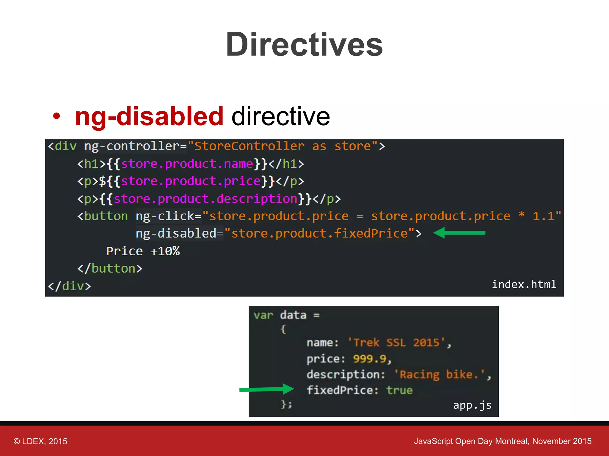 © LDEX, 2015 JavaScript Open Day Montreal, November 2015 Directives • ng-disabled directive app.js index.html 