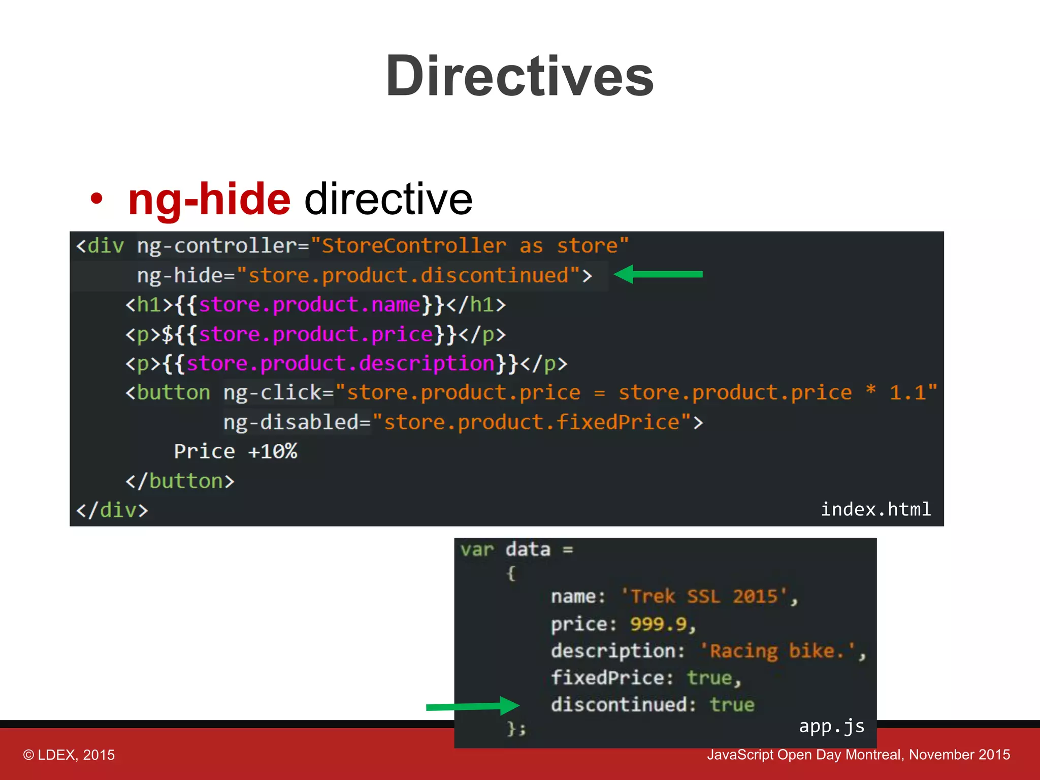 © LDEX, 2015 JavaScript Open Day Montreal, November 2015 Directives • ng-hide directive index.html app.js 