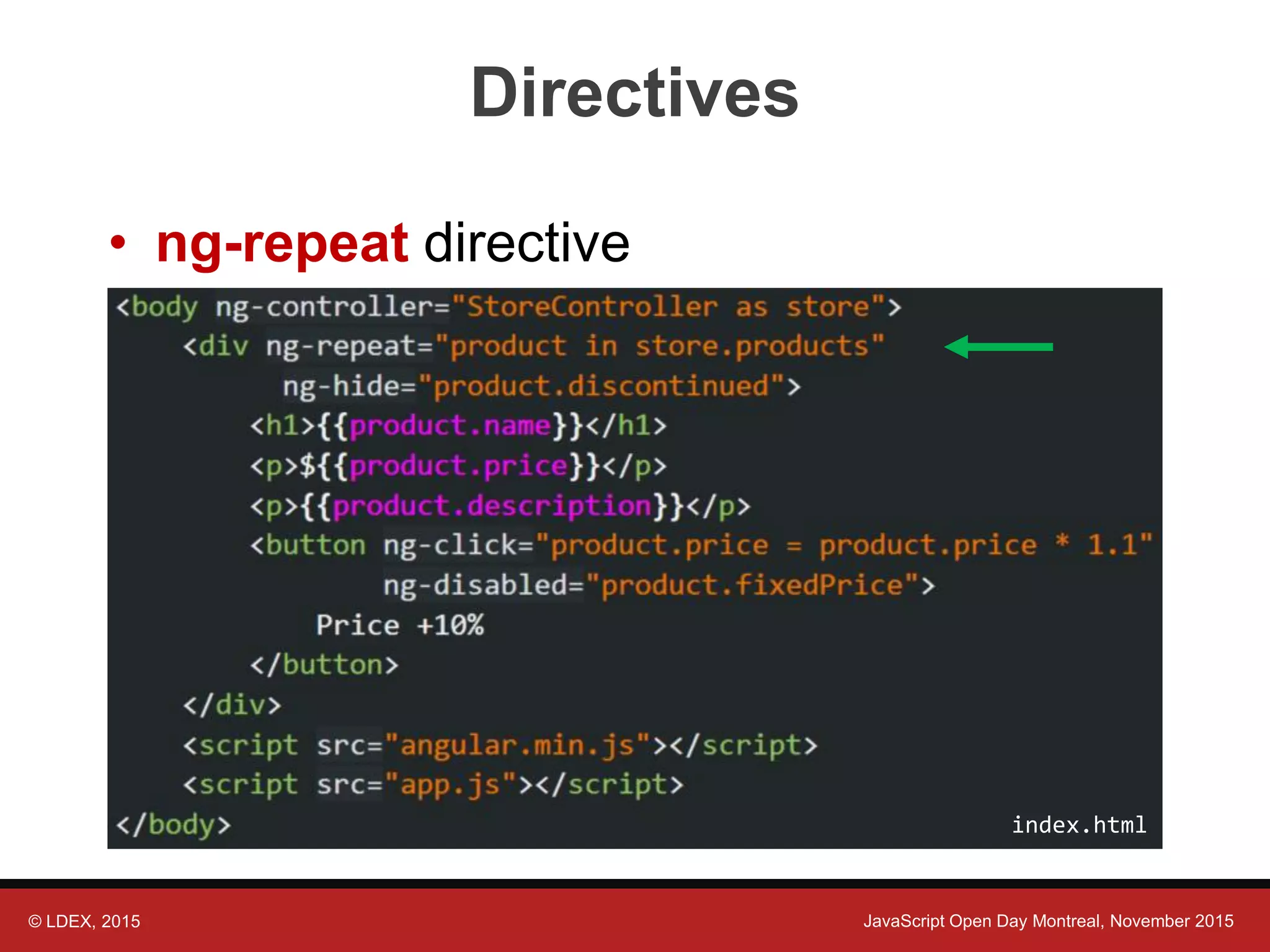 © LDEX, 2015 JavaScript Open Day Montreal, November 2015 Directives • ng-repeat directive index.html 