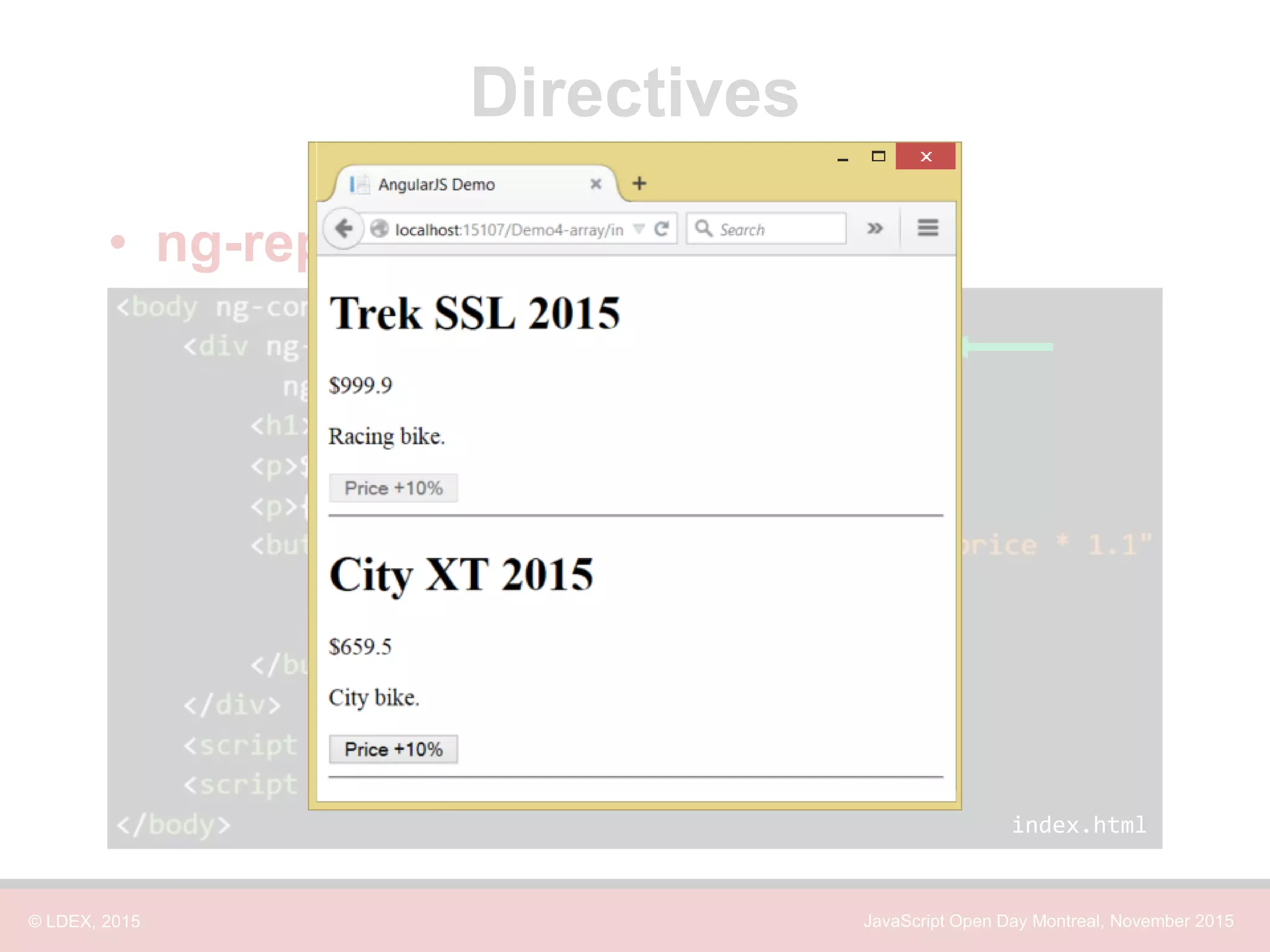 © LDEX, 2015 JavaScript Open Day Montreal, November 2015 Directives • ng-repeat directive index.html 