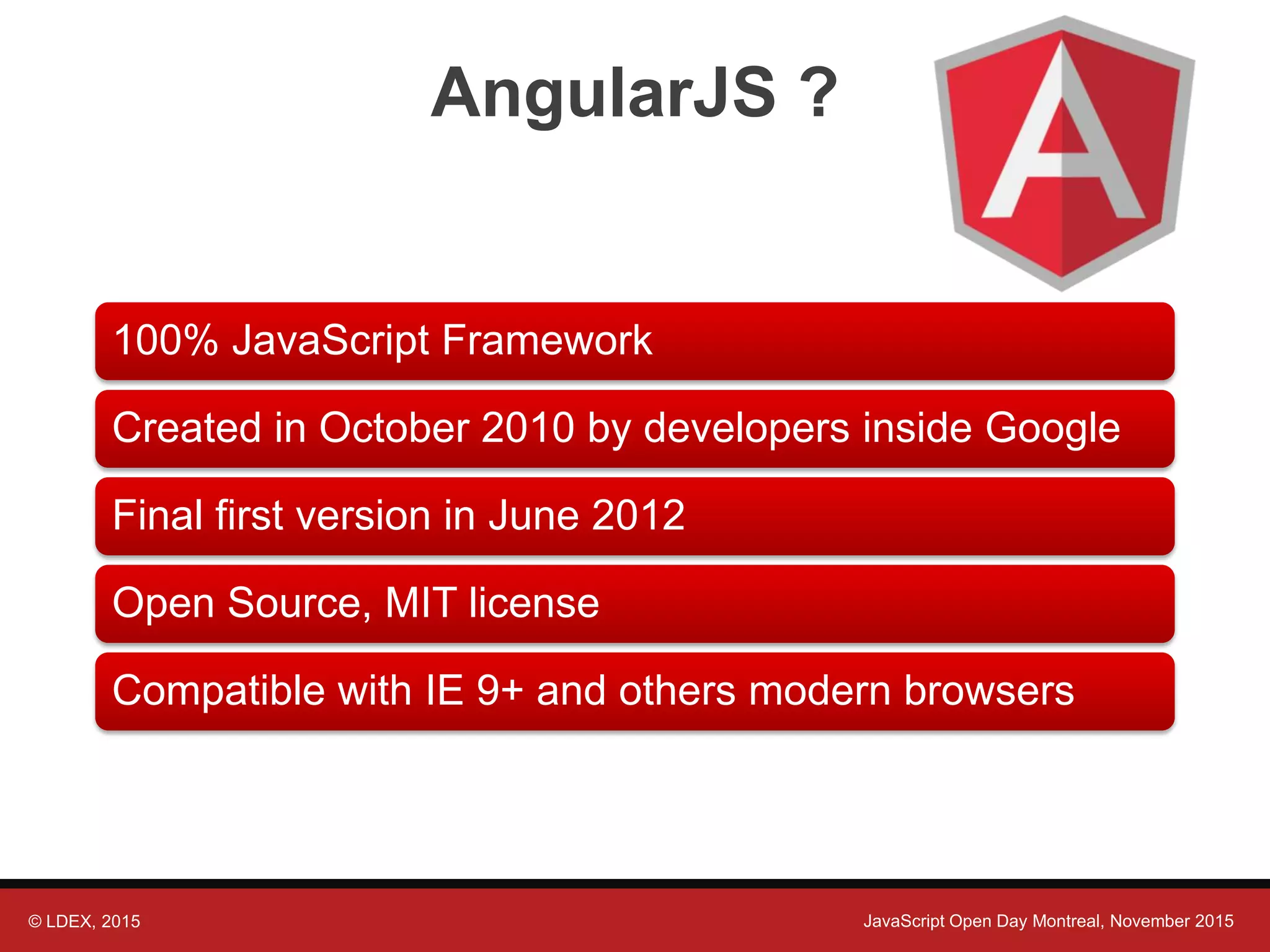 © LDEX, 2015 JavaScript Open Day Montreal, November 2015 AngularJS ? 100% JavaScript Framework Created in October 2010 by developers inside Google Final first version in June 2012 Open Source, MIT license Compatible with IE 9+ and others modern browsers 