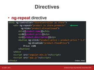 © LDEX, 2015 JavaScript Open Day Montreal, November 2015
Directives
• ng-repeat directive
index.html
 