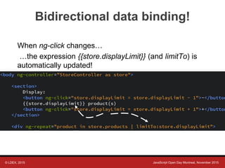 © LDEX, 2015 JavaScript Open Day Montreal, November 2015
Bidirectional data binding!
When ng-click changes…
…the expression {{store.displayLimit}} (and limitTo) is
automatically updated!
 